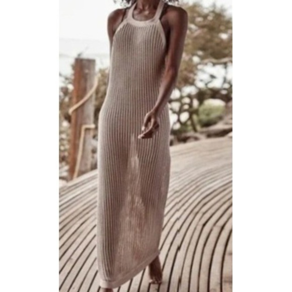 Summersalt Womens‎ S Tan Beige Crochet Knit Halter Cover Up Maxi Dress
